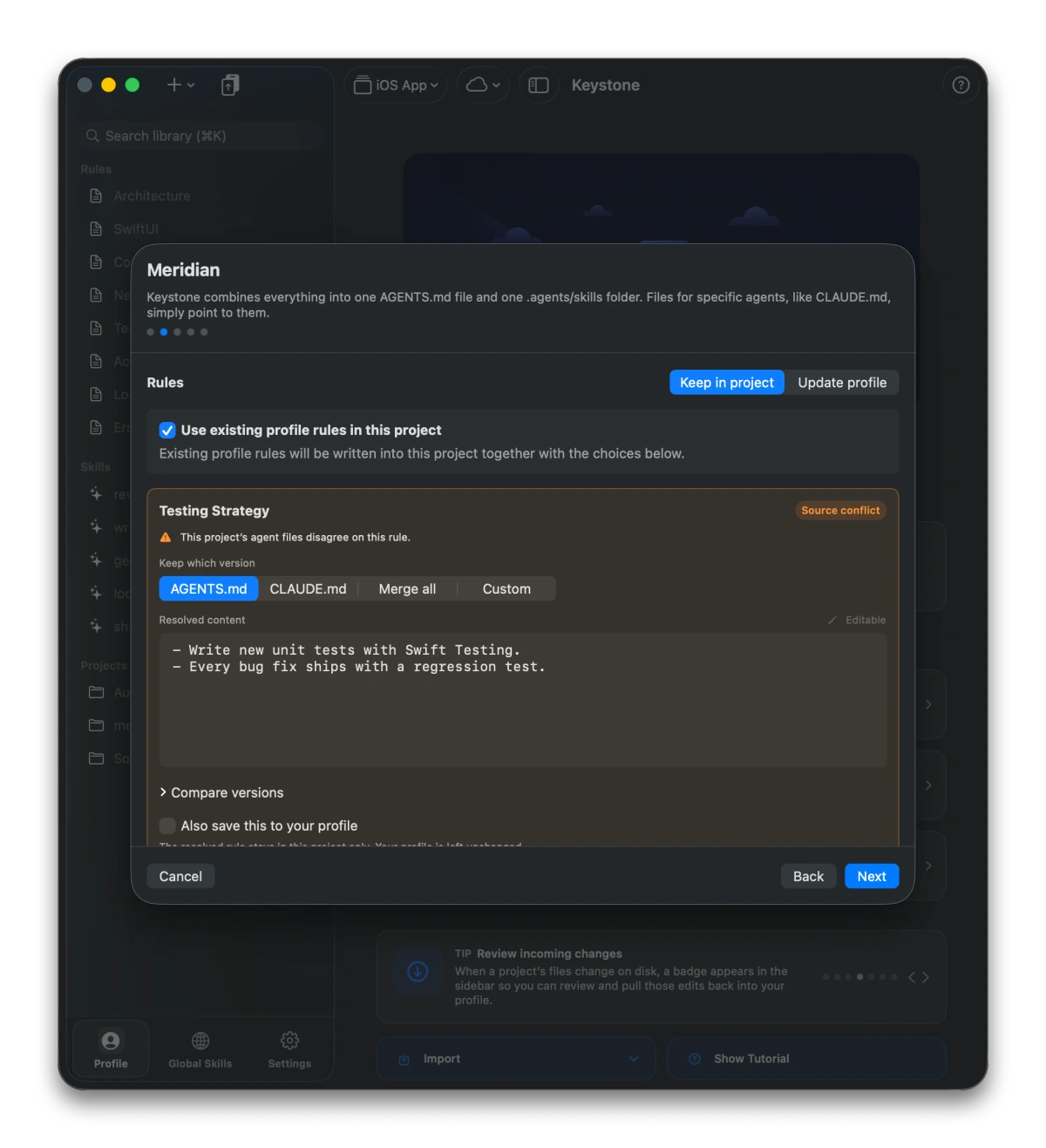 Keystone link wizard merging AGENTS.md and CLAUDE.md, flagging a conflicting Testing rule with options to keep either file, merge, or edit manually.