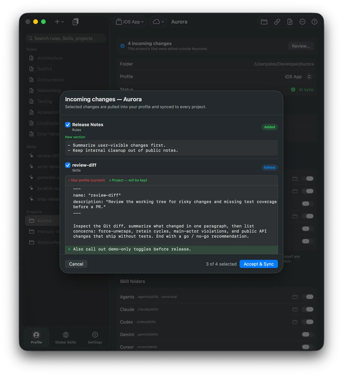 Keystone incoming changes review showing added and edited project changes selected for Accept and Sync.