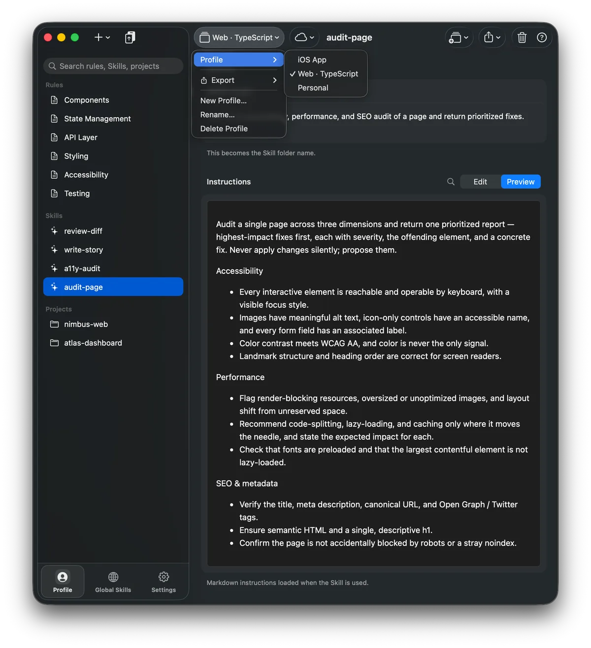 Keystone profile switcher showing iOS App, Web TypeScript, and Personal profiles.