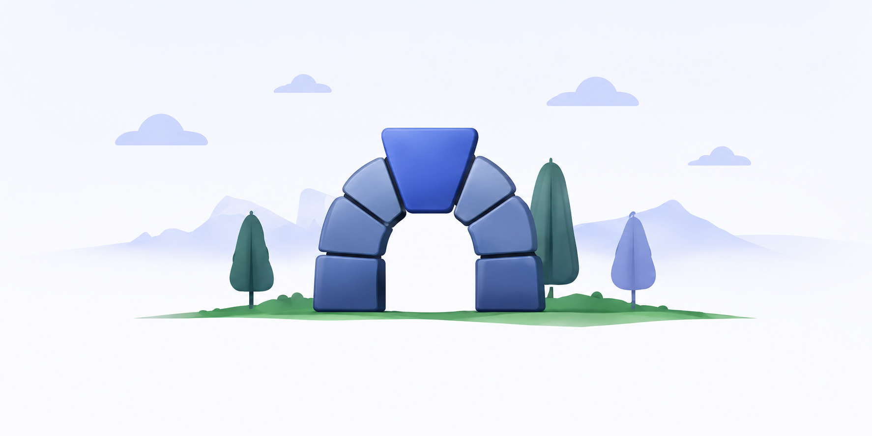 Keystone's arch: pale voussoir stones held together by a single blue keystone at the apex, standing in an open landscape.